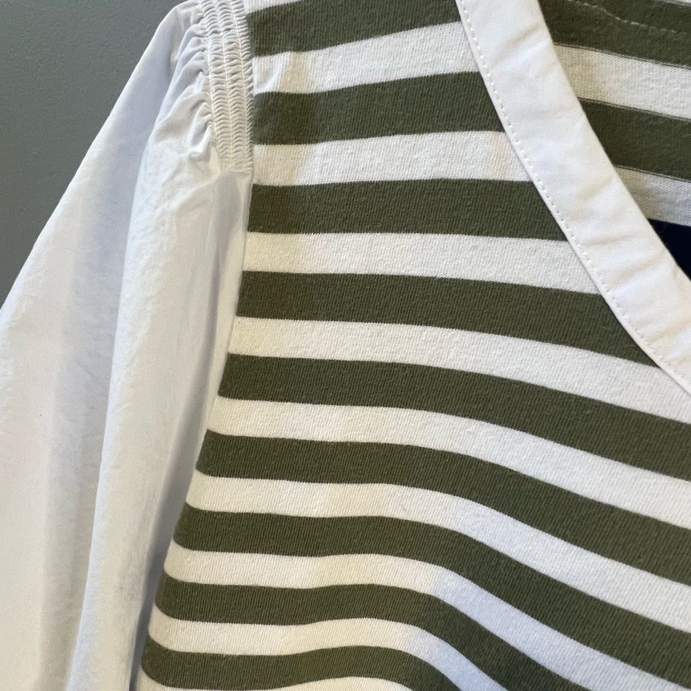 Talbots Green White Striped Blouse XL Button Detail Shirt Preppy Coastal Classic - Picture 9 of 10